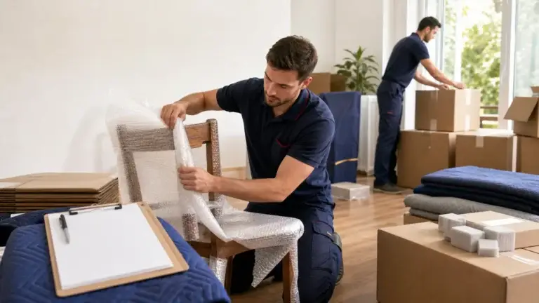 Zati ev eşyası i&ccedil;in mobilya koruma ve numaralı envanter hazırlığını temsil eden paketleme g&ouml;rseli