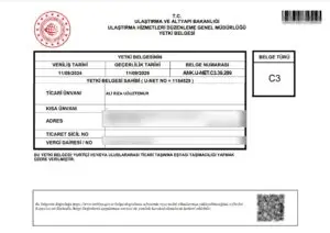 Saral Lojistik C3 yetki belgesi: ANK.U-NET.C3.39.289, 11/09/2029'a kadar geçerli, kişisel veri alanları gizlenmiş