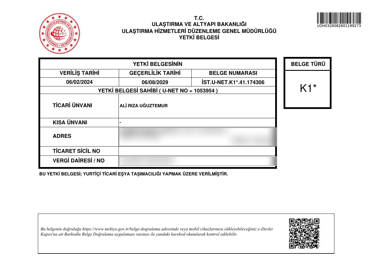 Saral Lojistik K1* yurt içi yetki belgesi: İST.U-NET.K1*.41.174306, 06/08/2029'a kadar geçerli, kişisel veri alanları gizlenmiş